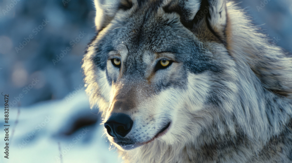 Majestic Grey Wolf in Snowy Forest - Close-Up Portrait of a Wild Canine in Natural Winter Habitat, Highlighting the Beauty and Intensity of This Endangered Species Majestic Grey Wolf in Snowy Forest - Close-Up Portrait of a Wild Canine in Natural Winter Habitat, Highlighting the Beauty and Intensity of This Endangered Species