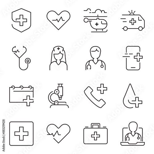 Hospital and medical care thin line icon set. Outline symbol collection