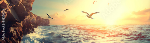 Serene Cliffside with Soaring Seagulls: A Dreamy Photo Realistic Image Symbolizing Freedom and Natural Majesty, Perfect for Graphic Design Projects