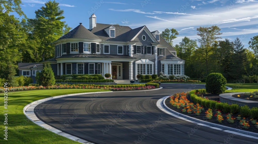 Suburban Colonial home with a circular driveway, bordered by seasonal flowers and leading to a grand front entrance Suburban Colonial home with a circular driveway, bordered by seasonal flowers and leading to a grand front entrance