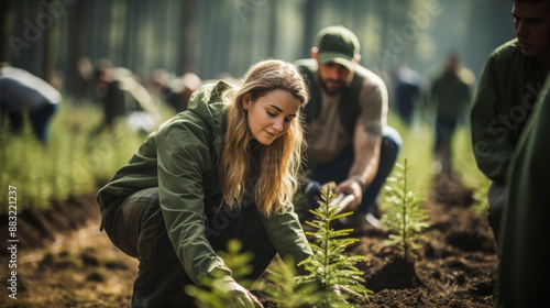 generated illustration of  young man planting the tree in the garden as earth day and save world