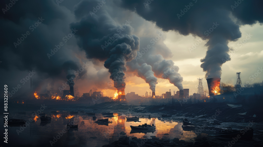 generated illustration of power plant with smoking chimneys on a background of blue sky generated illustration of power plant with smoking chimneys on a background of blue sky
