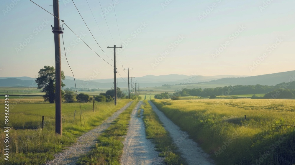 Telephone signal poles lined along a countryside road, surrounded by green fields and clear skies. Telephone signal poles lined along a countryside road, surrounded by green fields and clear skies.