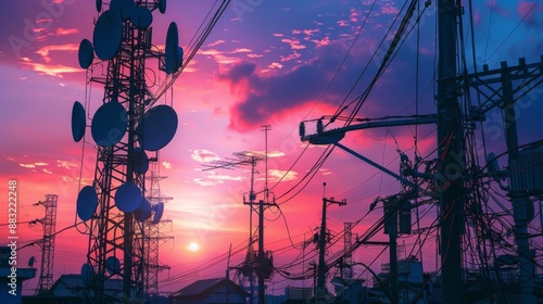 Telephone signal poles with antennas and satellite dishes against a twilight sky, symbolizing communication technology.