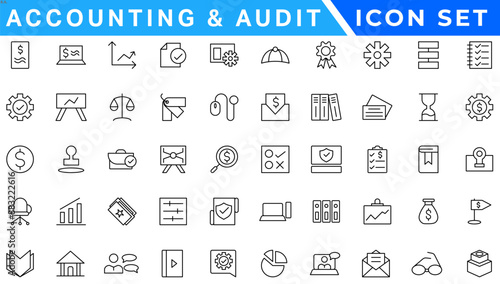 Accounting and audit icon set. Taxes and accounting line icons collection. Check and audit line icons collection. Containing financial statement, accountant, financial audit. Vector illustration