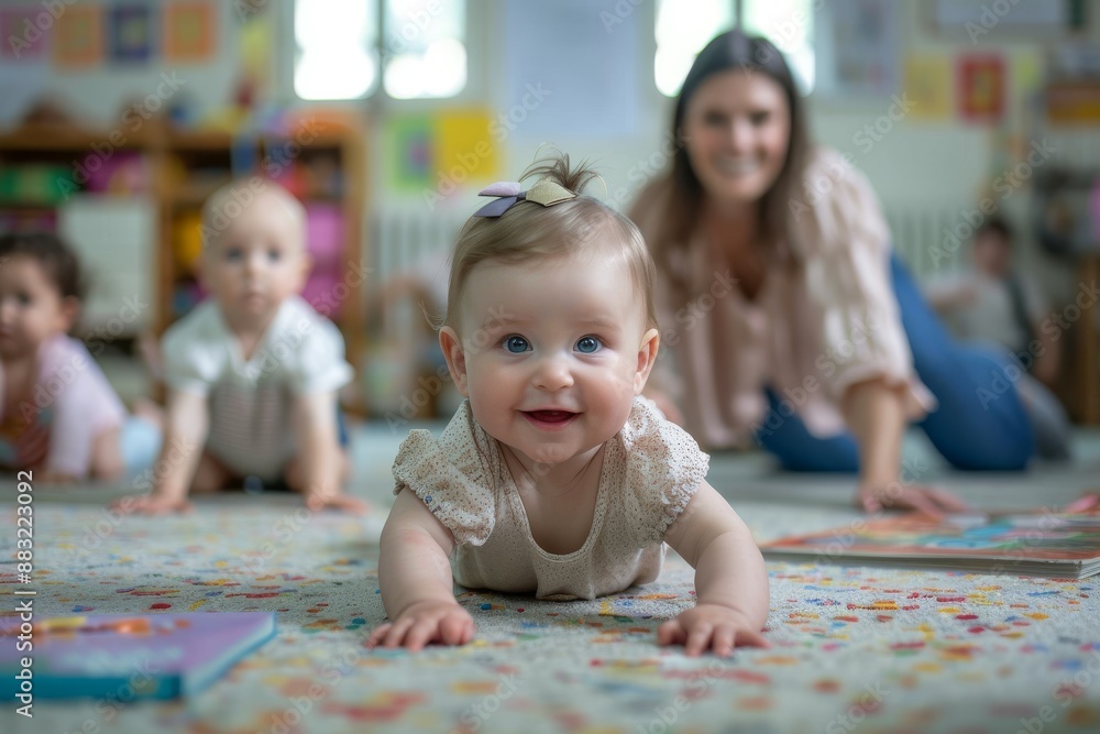 A little Caucasian girl crawls among other multi-ethnic babies on a daycare room floor. She is smiling and enjoying her pay time. A little Caucasian girl crawls among other multi-ethnic babies on a daycare room floor. She is smiling and enjoying her pay time.