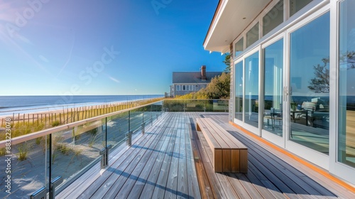 Suburban Cape Cod home with a wrap-around deck that overlooks the beach, equipped with a built-in bench and glass railings for unobstructed views