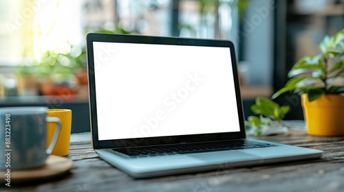 Laptop with Blank Screen on Wooden Desk