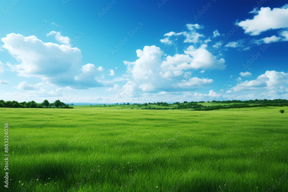 generated illustration of empty green grass field with blue sky and white clouds generated illustration of empty green grass field with blue sky and white clouds