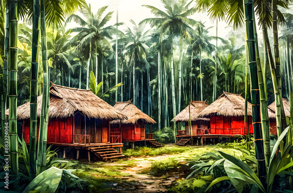 Huts made of bamboo in a dense jungle vector painting art illustration images.
Huts made of bamboo in a dense jungle vector painting art illustration images.