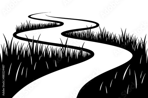 Wetland Paths, Raised pathways through marshy wetlands, silhouette black linocut vector illustration