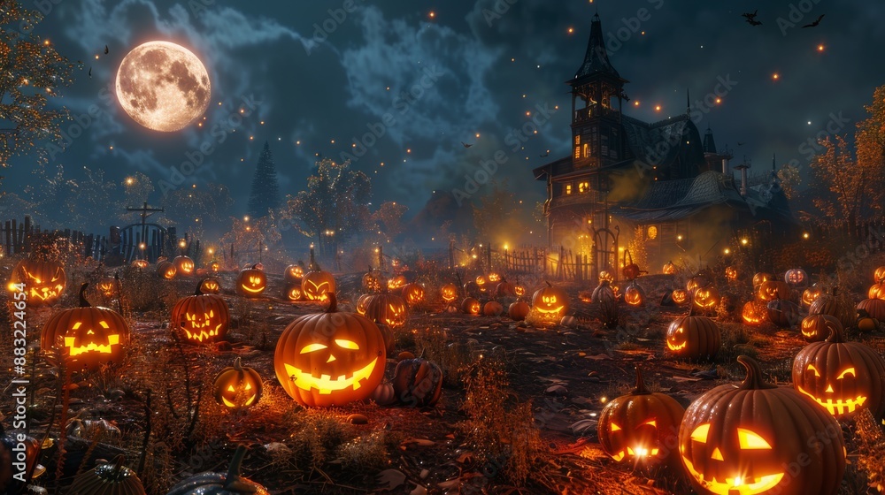 Fototapeta premium Spooky Halloween Night with Jack-o'-Lanterns and a Haunted House.