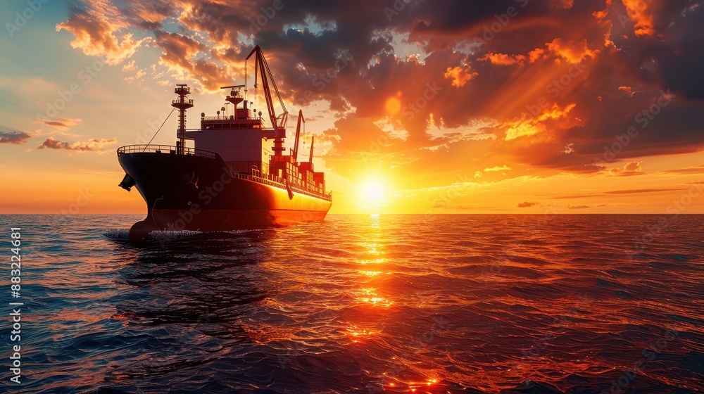 A cargo ship sailing into the sunset on a calm ocean, highlighting the serene beauty of maritime travel and transportation. A cargo ship sailing into the sunset on a calm ocean, highlighting the serene beauty of maritime travel and transportation.