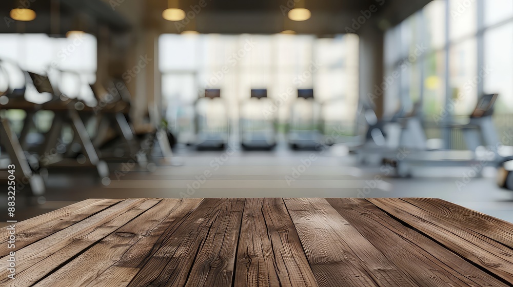 Wooden table with blurred gym interior in the background Wooden table with blurred gym interior in the background
