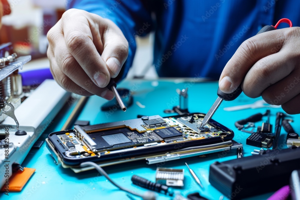 Technician disassembling smartphone with screwdriver Technician disassembling smartphone with screwdriver