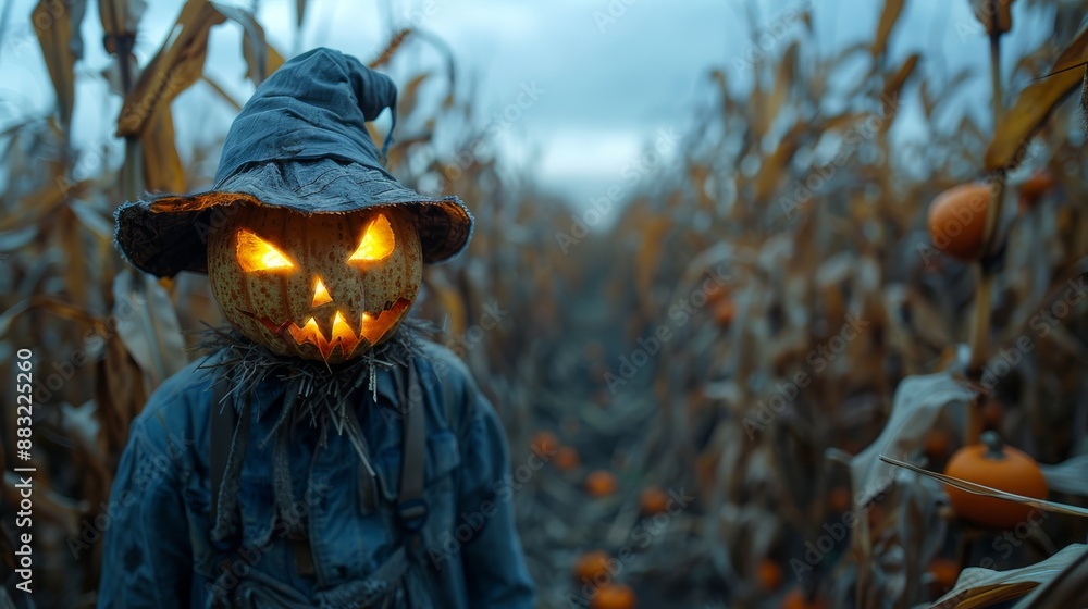 Naklejka premium Jack-o'-Lantern Scarecrow in a Cornfield.