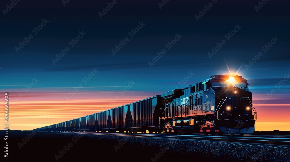 Freight train moving across open landscape during a vibrant sunset, with colorful sky and dramatic horizon in the background. Freight train moving across open landscape during a vibrant sunset, with colorful sky and dramatic horizon in the background.