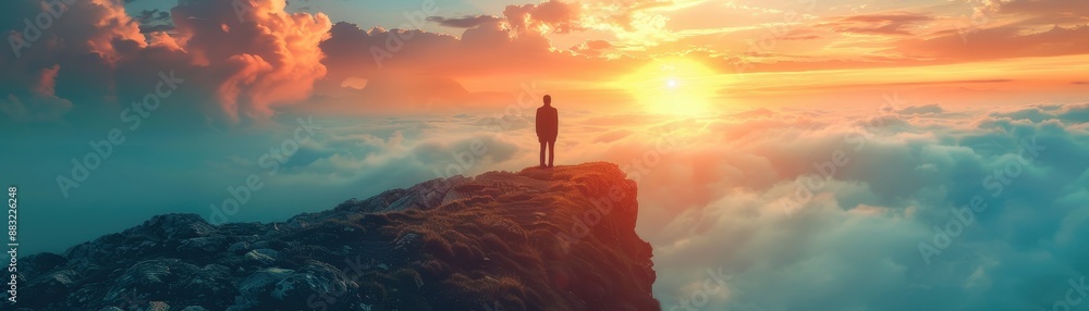 A person stands on a cliff, overlooking a breathtaking sunrise above the clouds, capturing the essence of adventure and serenity. A person stands on a cliff, overlooking a breathtaking sunrise above the clouds, capturing the essence of adventure and serenity.