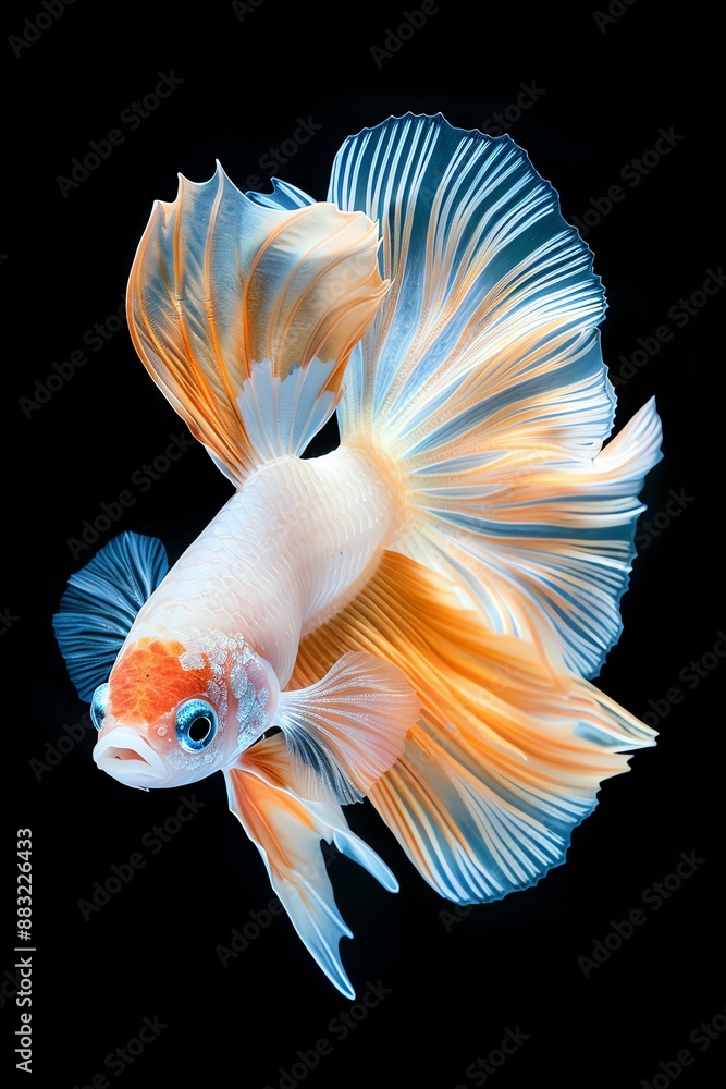 Fototapeta premium Stunning close-up of a vibrant Betta fish with flowing fins and bright colors on black background, highlighting its elegance and beauty.
