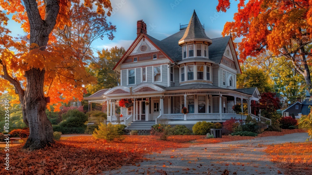 Fototapeta premium Suburban Victorian home during the fall, its architecture perfectly complemented by the fiery colors of the surrounding maples
