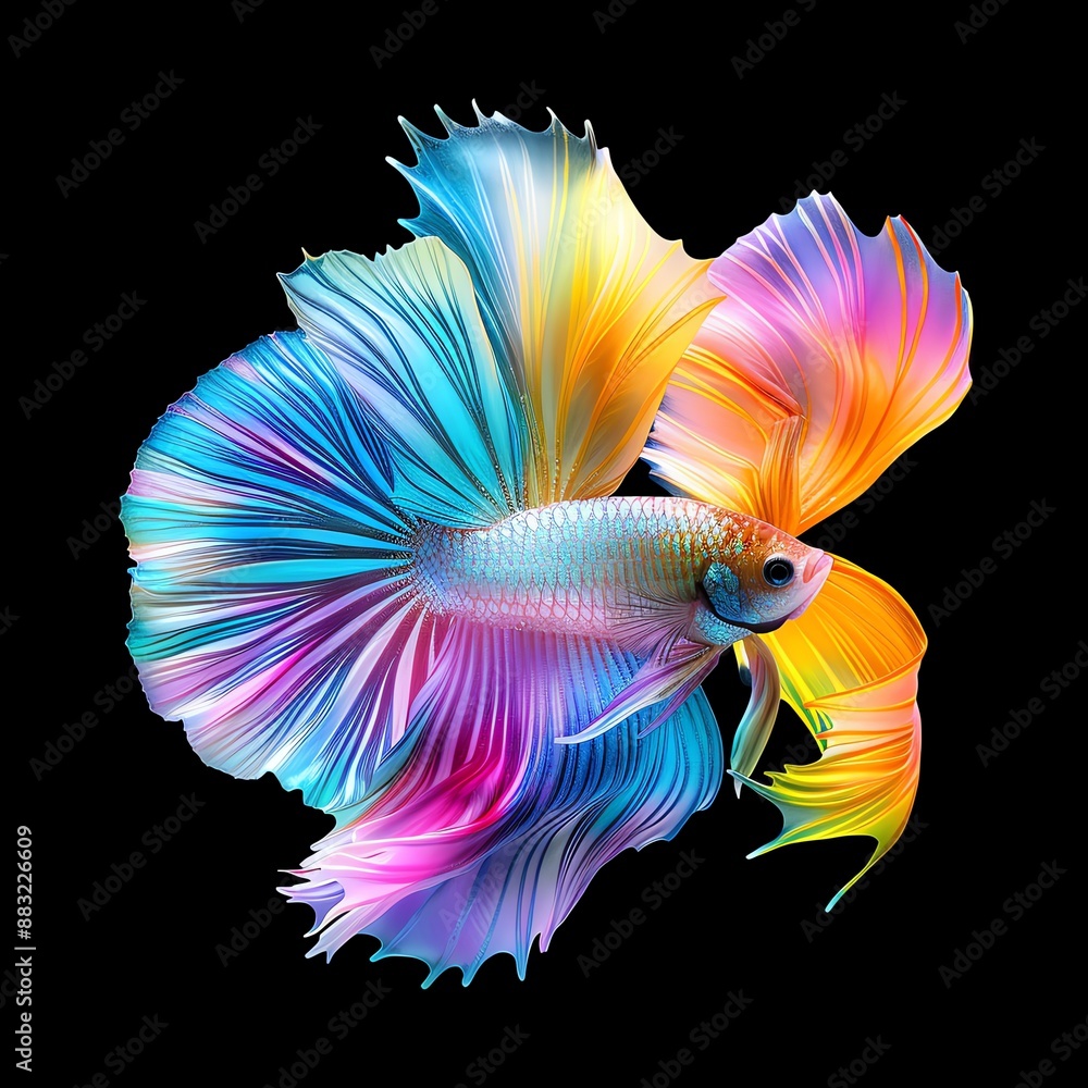 Fototapeta premium Vibrant colorful Betta fish on black background, showcasing its marvelous fins and stunning hues in a striking display.