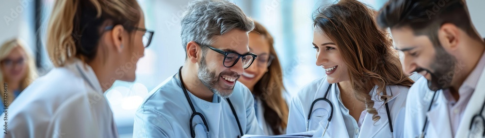 Healthcare professionals collaborating in a medical setting, sharing knowledge and discussing patient care with smiling faces. Healthcare professionals collaborating in a medical setting, sharing knowledge and discussing patient care with smiling faces.