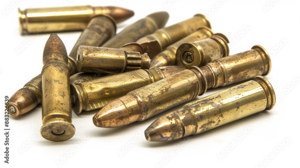 Close-Up of Assorted Brass Bullet Cartridges on White Background - Detailed Firearm Ammunition Concept Close-Up of Assorted Brass Bullet Cartridges on White Background - Detailed Firearm Ammunition Concept
