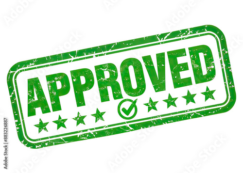 A green rubber stamp with the word APPROVED in bold white letters, a checkmark, and five stars. Generative AI