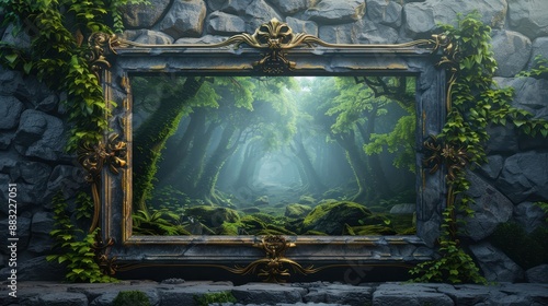 Mystical forest view through an ornate frame on a stone wall, with lush greenery and magical light. A window into an enchanted world.