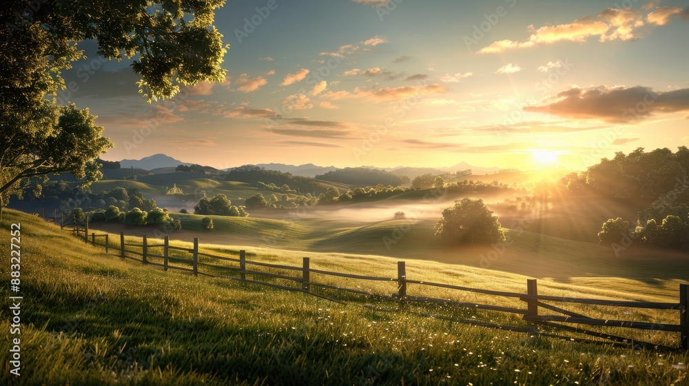 Scenic sunrise over idyllic countryside landscape with rolling hills, wooden fence, and tranquil morning light.