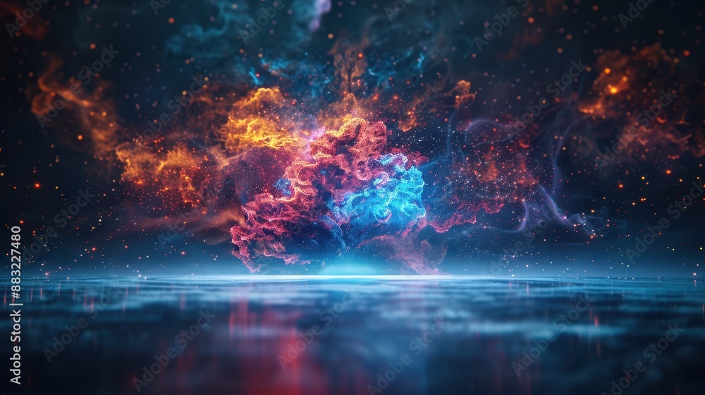 Naklejka premium Stunning cosmic nebula with vibrant colors reflecting on a serene surface, creating a mesmerizing abstract space scene.