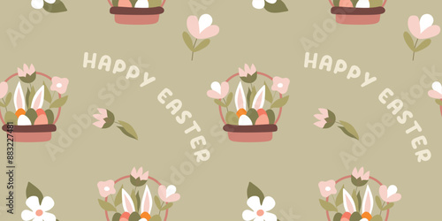 Basket with Easter eggs in flat style. Seamless pattern with Celebration Elements and Lettering Happy Easter for textile, wrapping paper, background. Vector Decorative illustration with Bunny, Flowers