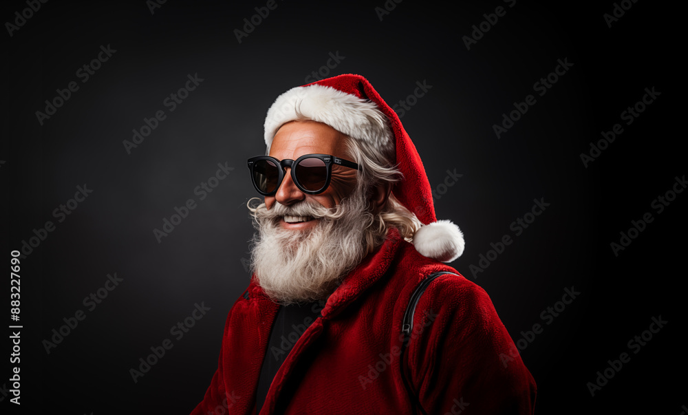 Smiling Santa Claus with sunglasses and a red jacket against a black background Smiling Santa Claus with sunglasses and a red jacket against a black background
