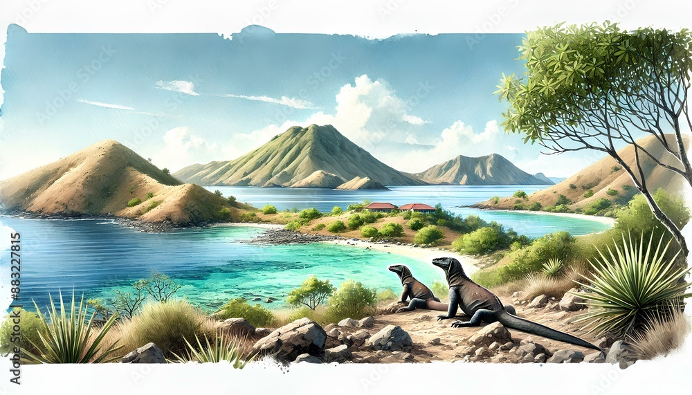 Naklejka premium Watercolor of Komodo Island with green hills, clear waters, and blue sky, no people.