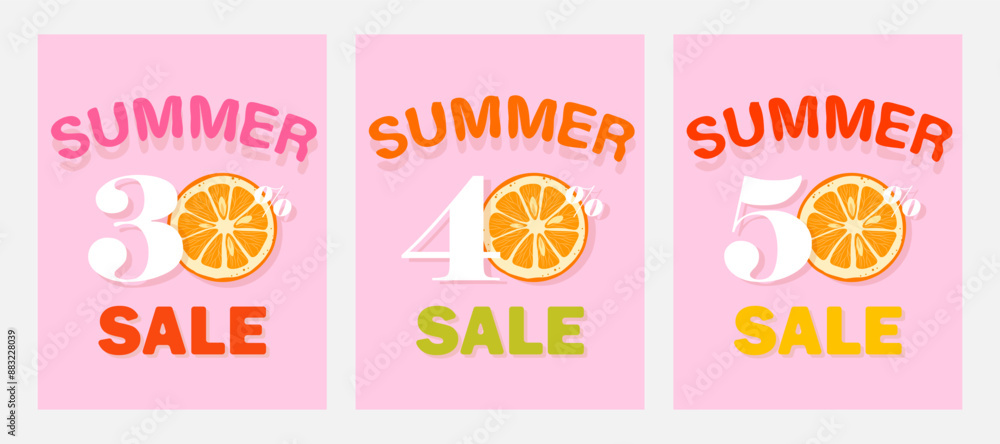 Set of illustrations with summer discounts. Summer sale bright background.