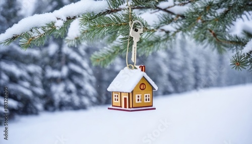 hangs concept winter shaped key gift house real forest property key background home winter real estate renting snowy landscape background moving copy space home estate property toy concept christmas t