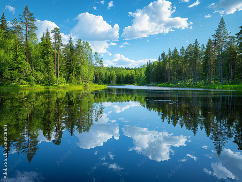 Tranquil Summer Day on a Finnish Lake Surrounded by Lush Green Trees Tranquil Summer Day on a Finnish Lake Surrounded by Lush Green Trees