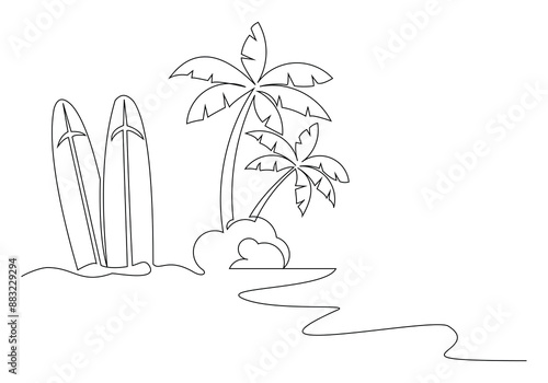Continuous single one line surfing board standing up in sand beach with beach sea ocean wave view summer time sketch drawing vector illustration