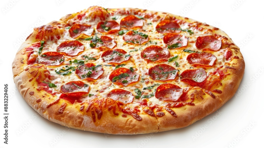 Delicious Pepperoni Pizza with Cheese and Basil on White Background Delicious Pepperoni Pizza with Cheese and Basil on White Background
