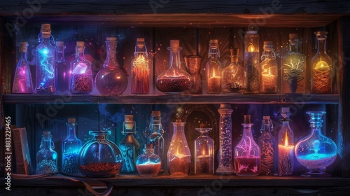 Glowing Potion Bottles on Wooden Shelves.