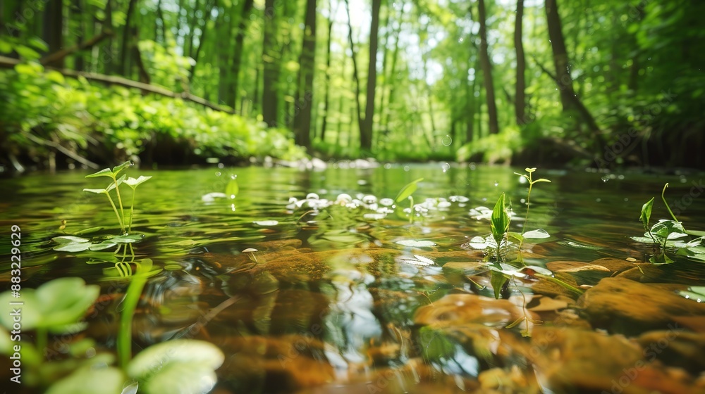 Tranquil Stream Flowing Through A Lush Green Forest On A Sunny Day Tranquil Stream Flowing Through A Lush Green Forest On A Sunny Day