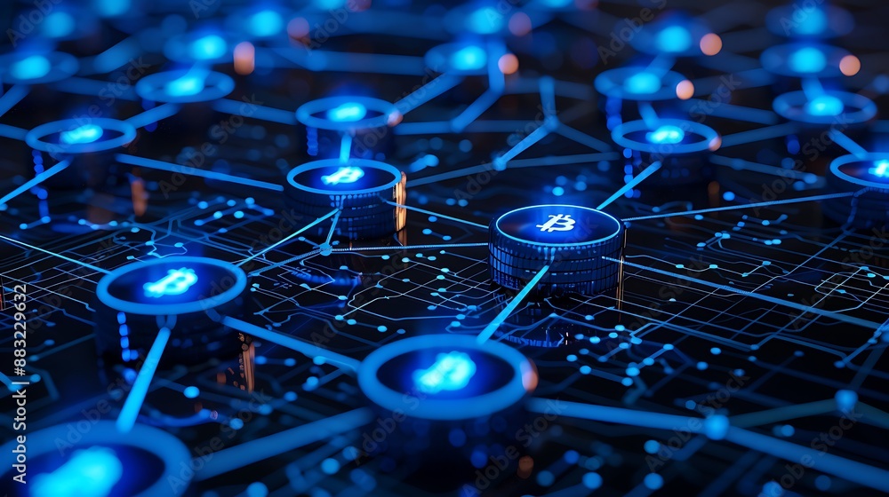 Obraz premium interconnected blockchain nodes, glowing blue lines and digital matrix background, representing secure and decentralized technology