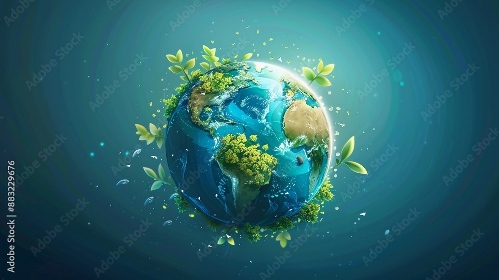 Naklejka premium Vibrant Earth surrounded by lush greenery and leaves in a serene, eco-friendly environment