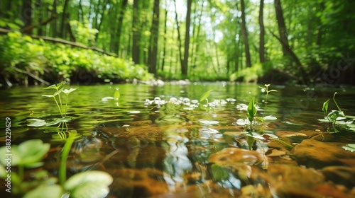 Tranquil Stream Flowing Through A Lush Green Forest On A Sunny Day
