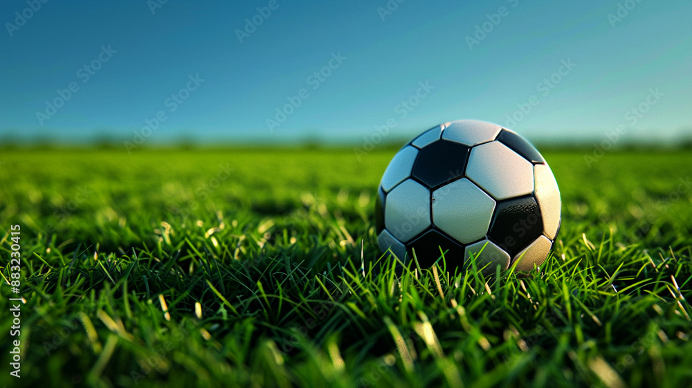 Fototapeta premium Soccer ball on green grass field under blue sky