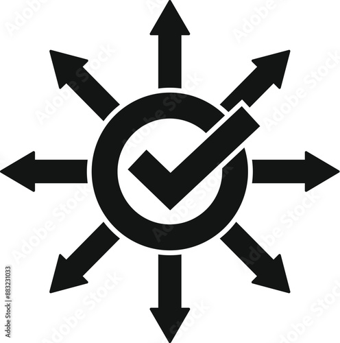 Checkmark expanding in eight directions symbolizing multitasking and efficiency