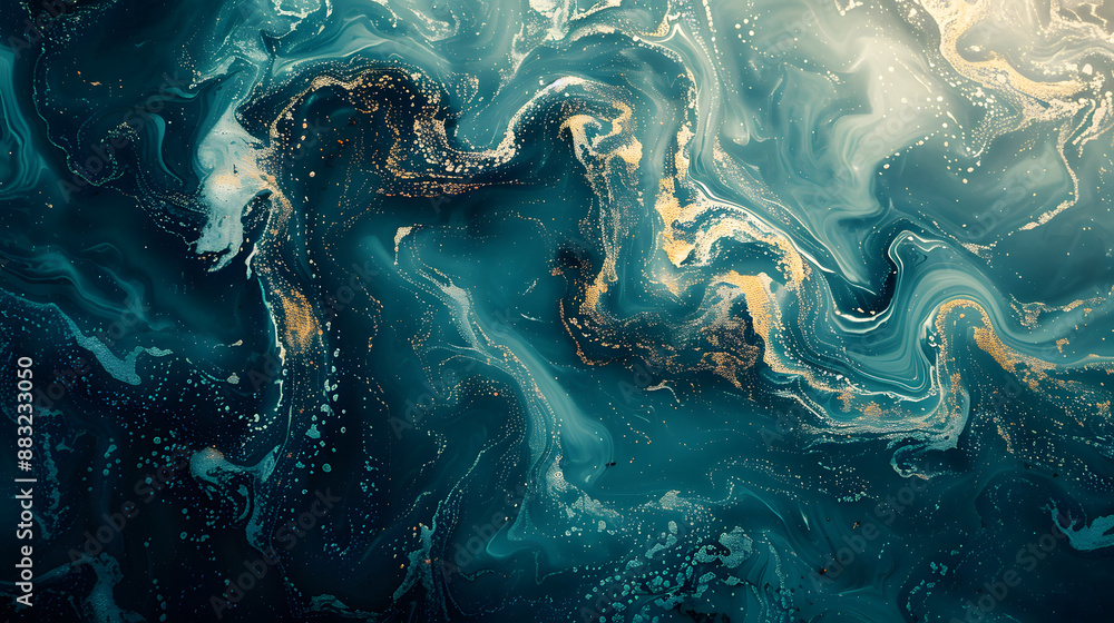 Ocean surface is shown in a close-up aerial view, with sunlight reflecting off water and creating a swirling, colorful pattern. A large oil slick is spreading across the ocean surface Ocean surface is shown in a close-up aerial view, with sunlight reflecting off water and creating a swirling, colorful pattern. A large oil slick is spreading across the ocean surface