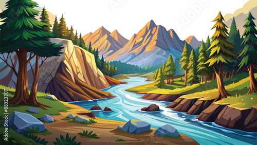 Beautiful landscape of a fast river, forest and mountains.vector art illustration, AI GENERATED