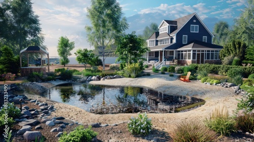 Suburban Cape Cod home with an ocean-inspired landscape design, featuring a saltwater pond and a small sandy beach for children to play
