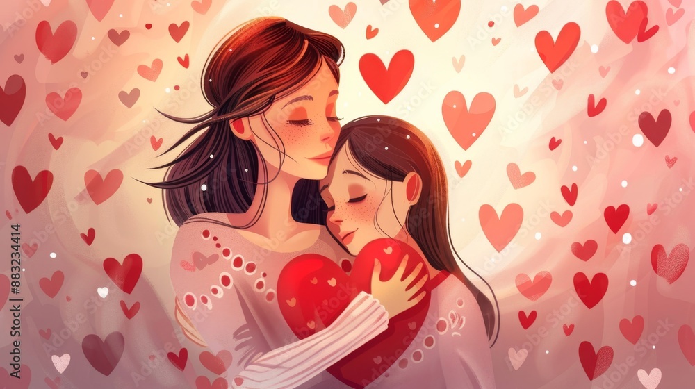 Mother and Daughter Embracing with Heart in a Romantic Hearts Rain Mother and Daughter Embracing with Heart in a Romantic Hearts Rain